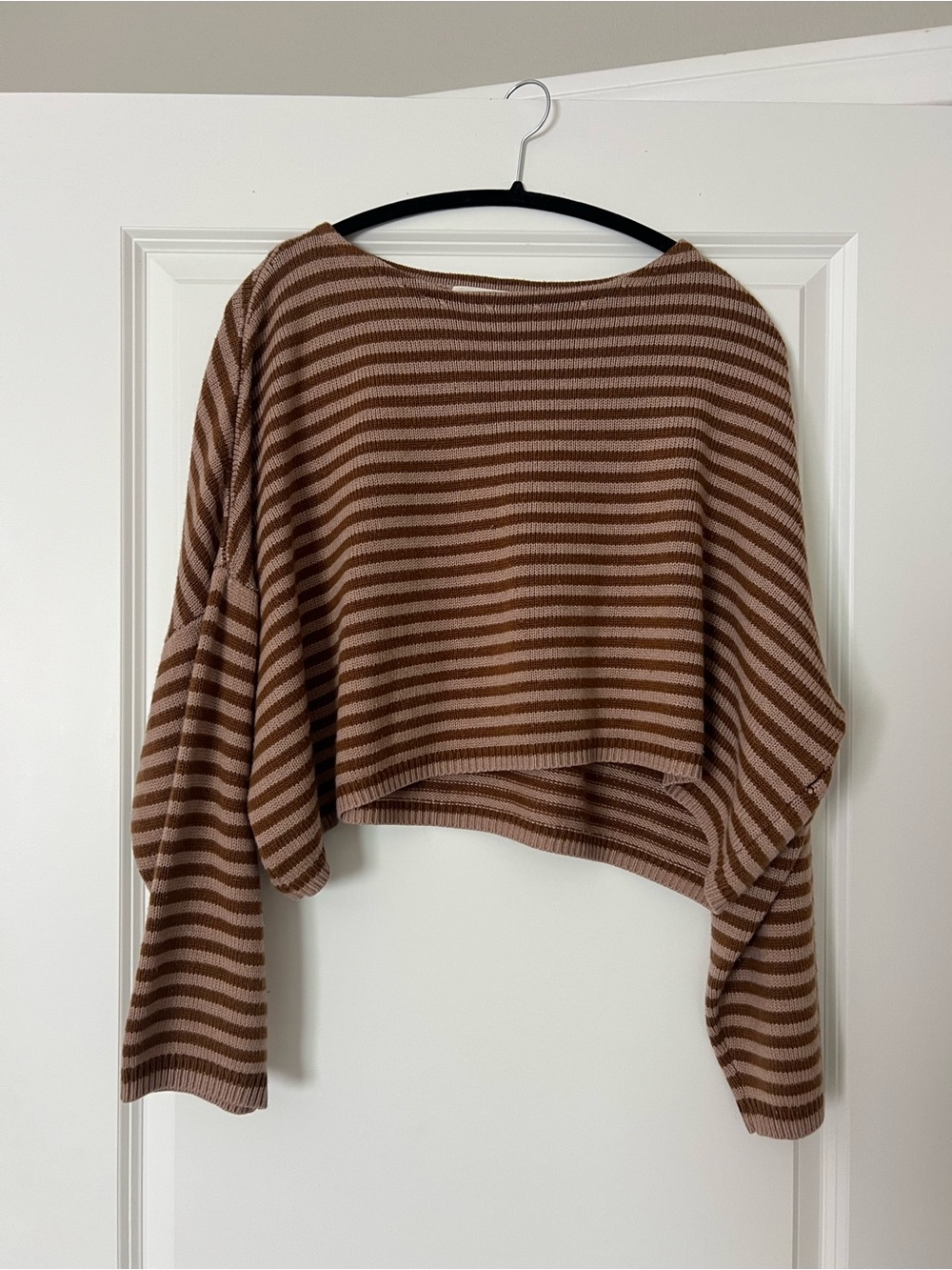 Striped Cropped Knit Sweater in Brown and Cream